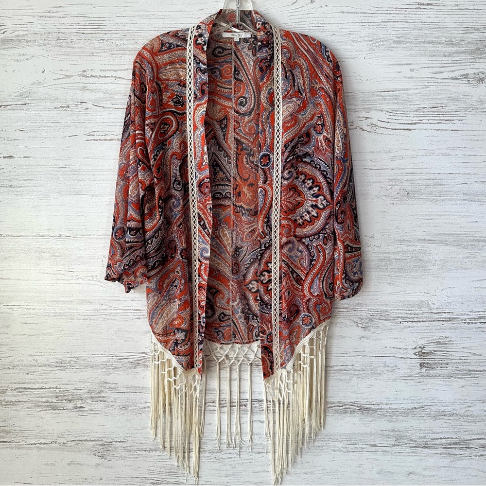 MISS ME Paisley Boho Fringe Kimono Wrap Cover Festival Hippie L